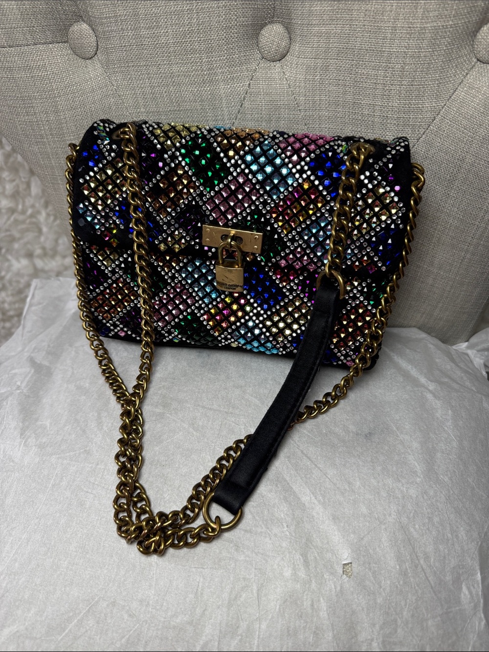 Kurt Geiger Studded Multicolor Quilted Shoulder Bag with Gold Chain